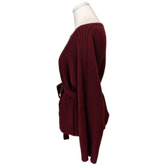 Womens Red Belted Cozy Knit Sweater Boat Neck Long Sleeve Glam Fall Winter M - Picture 4 of 9